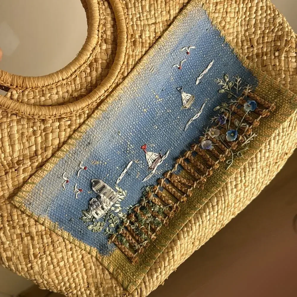 St. John's Bay Cream Rattan Woven Ocean Design Handbag